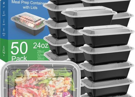 50 Pack (100-Piece) 24 oz Meal Prep Containers Reusable with Lids, Sturdy Leakproof & Food Safe, Microwave, Freezer, Dishwasher Safe Food Prep Containers, To Go Take Out Plastic Food Storage