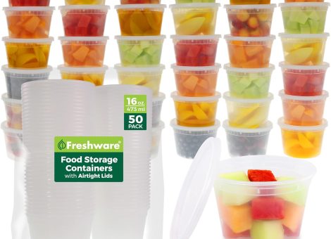 Freshware Food Storage Containers [50 Set] 16 oz Plastic Deli Containers with Lids, Slime, Soup, Meal Prep Containers | BPA Free | Stackable | Leakproof | Microwave/Dishwasher/Freezer Safe