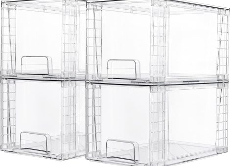 Vtopmart 4 Pack Large Stackable Storage Drawers,Easily Assemble Acrylic Bathroom Closet Undersink Organizers and Storage,Plastic Storage Bins for Kitchen Cabinets,Pantry,Makeup,Medicine Organization