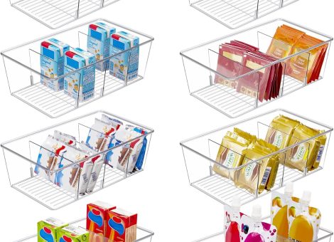 Vtopmart 8 Pack Food Storage Organizer Bins, Clear Plastic Bins for Pantry, Kitchen, Fridge, Cabinet Organization and Storage, 4 Compartment Holder for Packets, Snacks, Pouches, Spice Packets